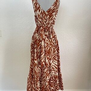 GAP Zebra Print Maxi Dress M Tall Belted V Neck Rust Pockets Earthy Resort Wear